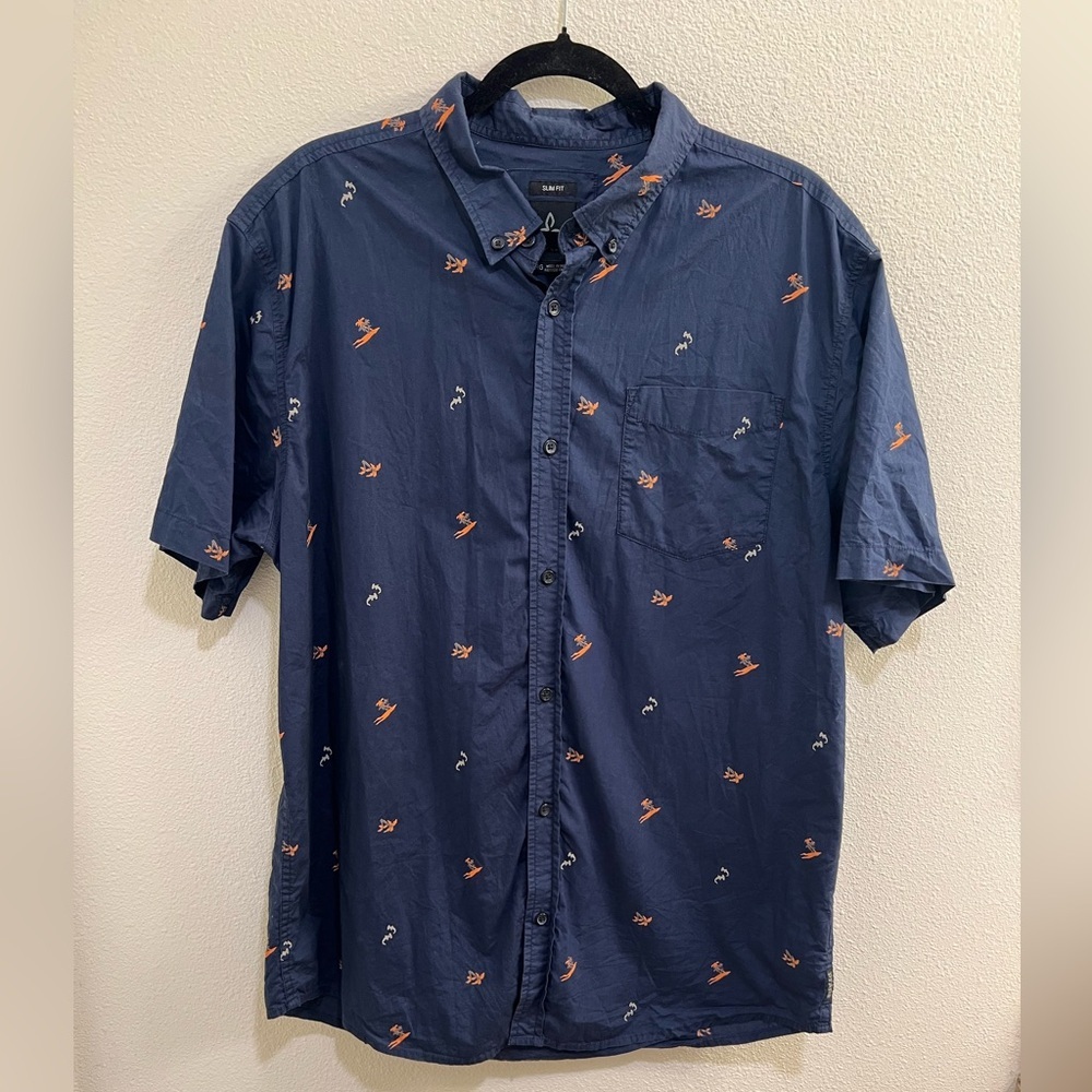 Prana Broderick Slim Fit Shirt Men's XL Navy Blue Shark Palm Trees